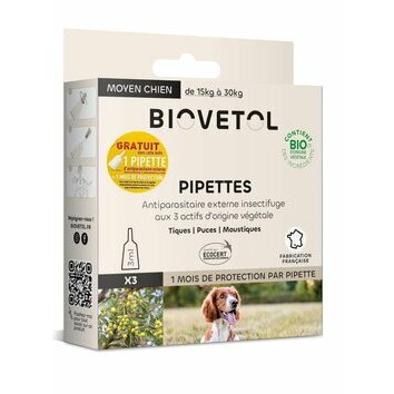 Pipettes insectifuges BIO Chien Moyen par 3 + 1 gratuite Biovetol Pipettes insectifuges BIO Chien Moyen par 3 + 1 gratuite Biovetol