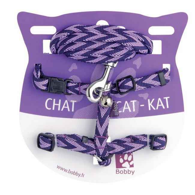 Harnais et laisse avec grelot pour chat à chevron Bobby VIOLET