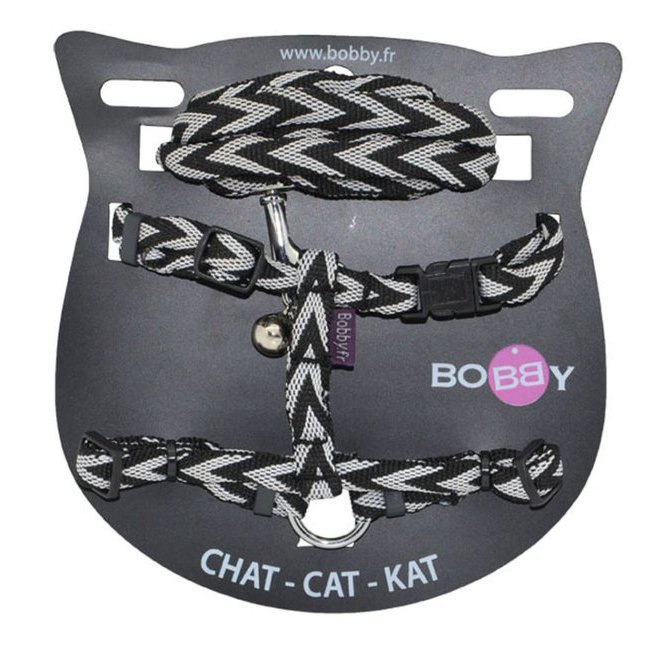 Harnais et laisse avec grelot pour chat à chevron Bobby NOIR