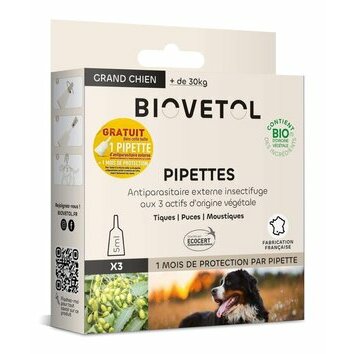 Pipettes insectifuges BIO Grand Chien 3 + 1 offerte Biovetol Pipettes insectifuges BIO Grand Chien 3 + 1 offerte Biovetol