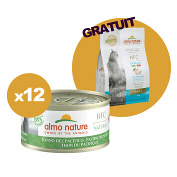 Pâtée pour chat Thon du Pacifique 12 x 70 g + 300 g croquettes offertes Almo Nature