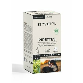 Pack économique 12 pipettes insectifuges Grand Chien Biovétol Pack économique 12 pipettes insectifuges Grand Chien Biovétol