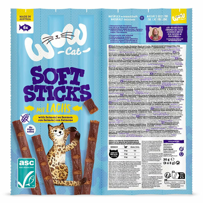Sticks tendres pour chat avec saumon sans céréales par 6 Wow