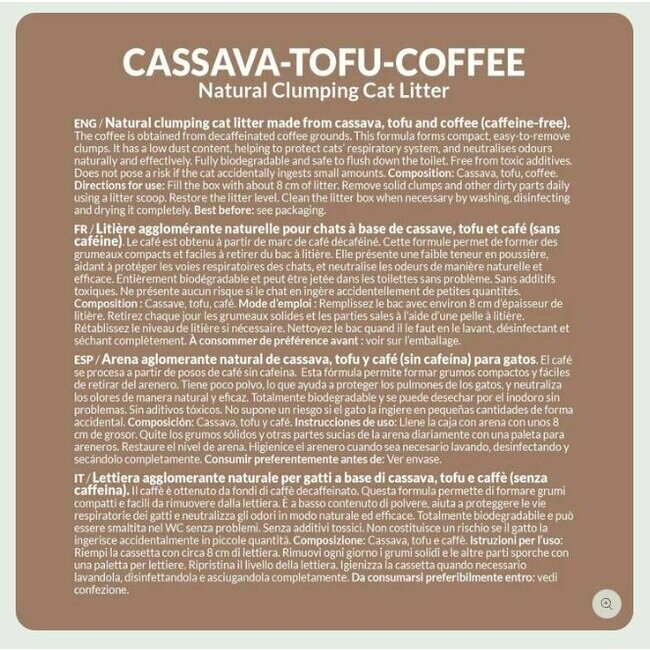 Litière naturelle agglomérante chat au manioc tofu café Cassava Tofu Coffee Cat Litter Arquivet
