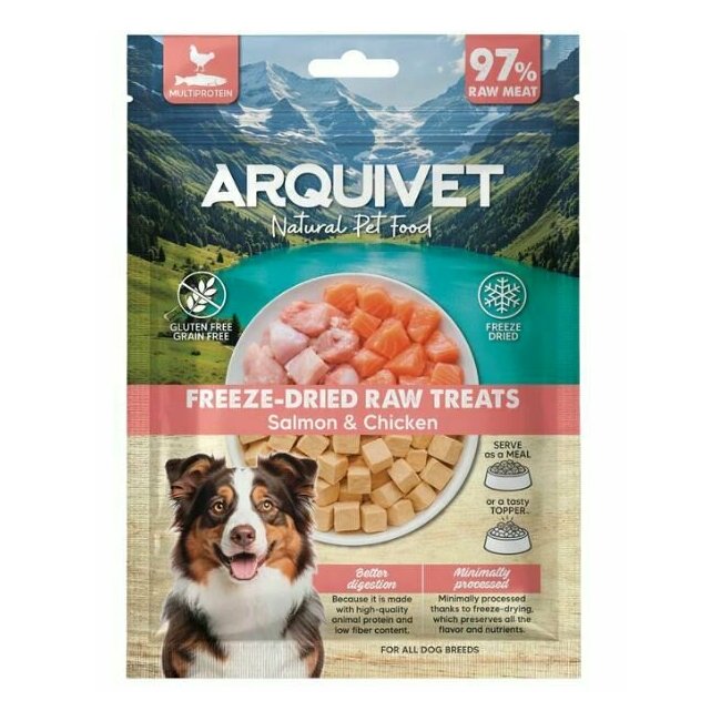 Friandises lyophilisées chien cubes saumon et poulet 50 g Arquivet