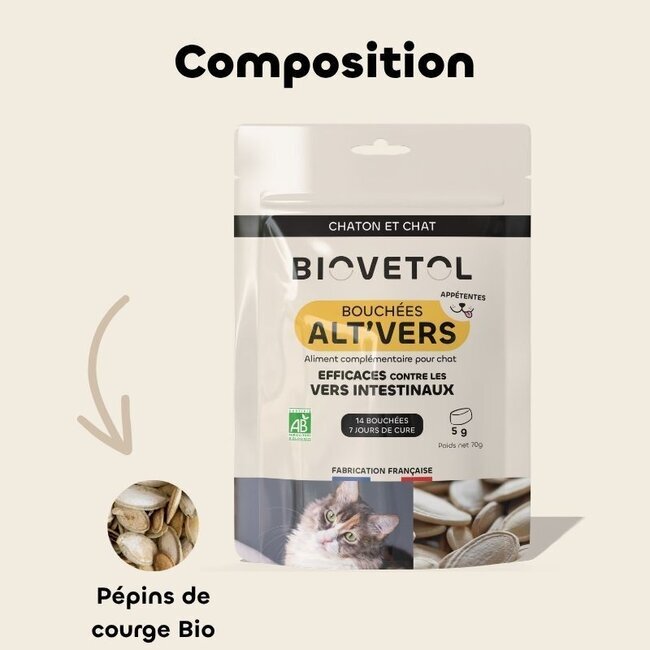 Bouchées Alt'Vers Chaton & Chat Bien-être Intestinal et Parasites X 14 - Biovetol
