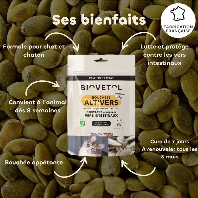 Bouchées Alt'Vers Chaton & Chat Bien-être Intestinal et Parasites X 14 - Biovetol
